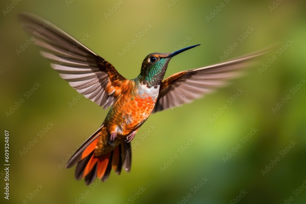 Fototapeta premium hummingbird in flight, its wings beating furiously, created with generative ai