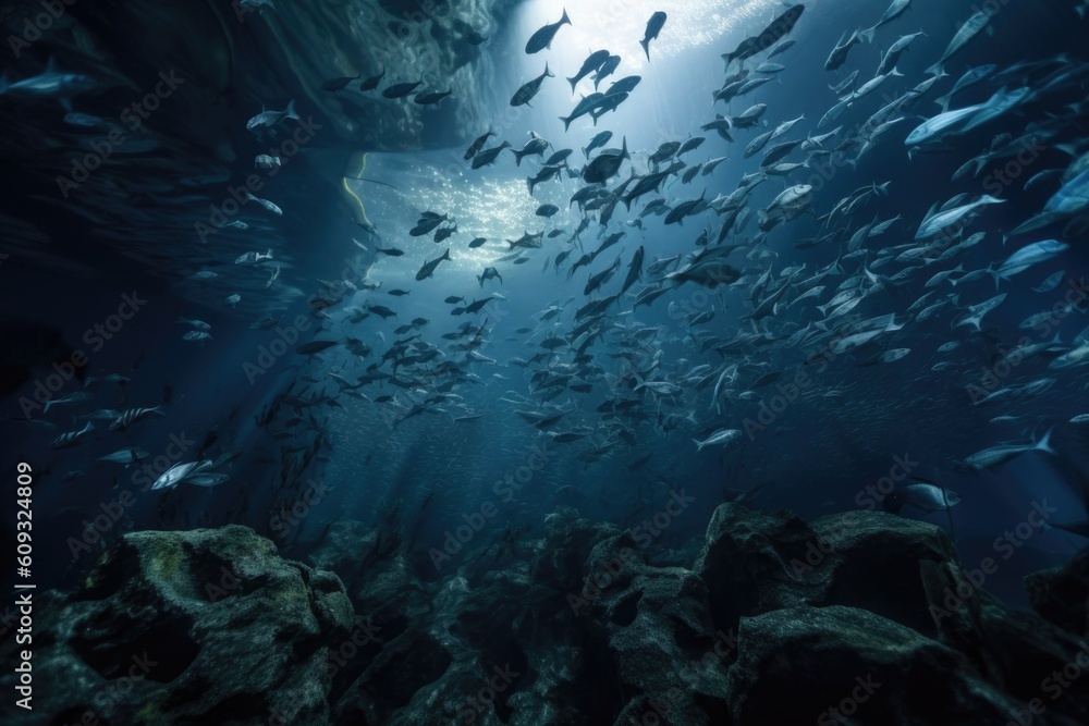 Obraz premium a school of fish swim in a serene tank, creating an underwater ballet, created with generative ai