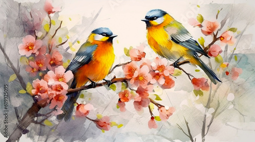 Colorful birds with branch sakura flower in watercolor design artistic. Concept of painting isolated on white background. Generative Ai. © Pickoloh