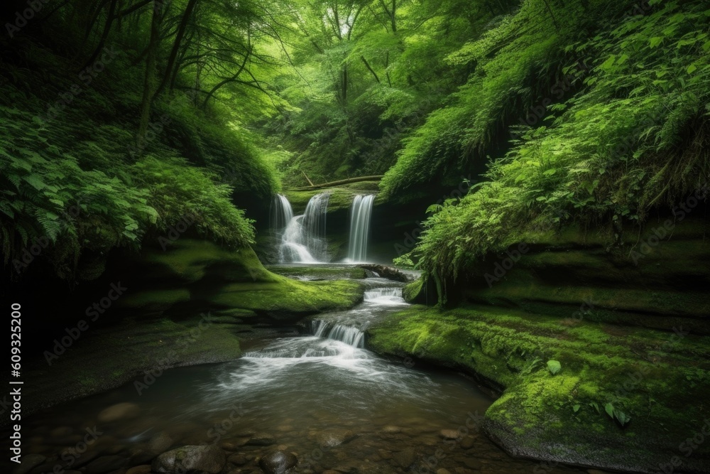 majestic cascading waterfall surrounded by lush green forest, created with generative ai majestic cascading waterfall surrounded by lush green forest, created with generative ai