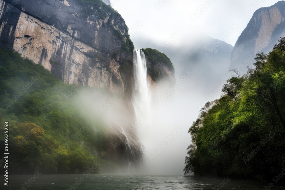 Fototapeta premium majestic waterfall, with misty spray and rush of water, against majestic mountainscape, created with generative ai