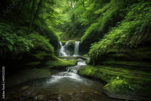 majestic cascading waterfall surrounded by lush green forest, created with generative ai