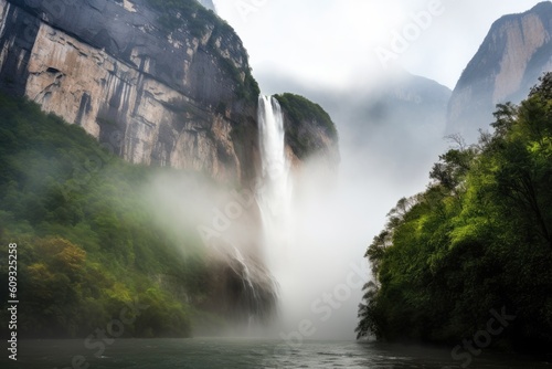 majestic waterfall  with misty spray and rush of water  against majestic mountainscape  created with generative ai