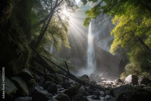 majestic waterfall, with misty spray and sunlight filtering through the trees, created with generative ai