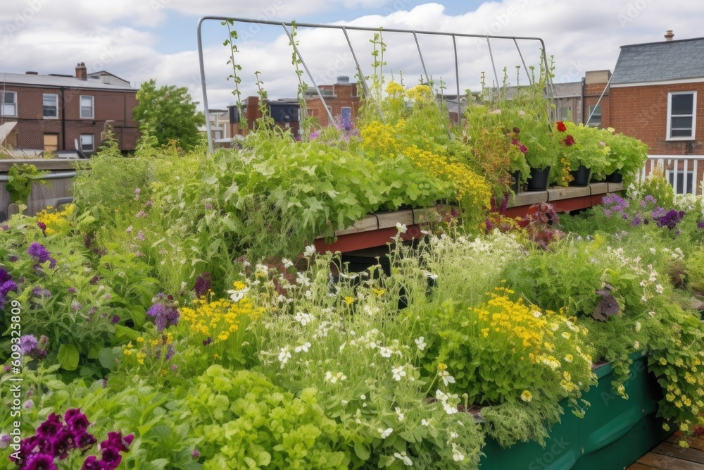 green rooftop garden with hanging baskets and blooming flowers, created with generative ai green rooftop garden with hanging baskets and blooming flowers, created with generative ai