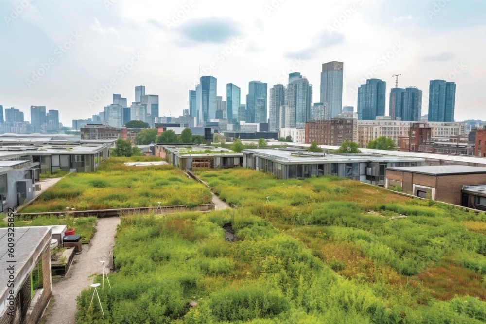 green rooftops amongst the bustling city skyline, with tall buildings in the background, created with generative ai green rooftops amongst the bustling city skyline, with tall buildings in the background, created with generative ai