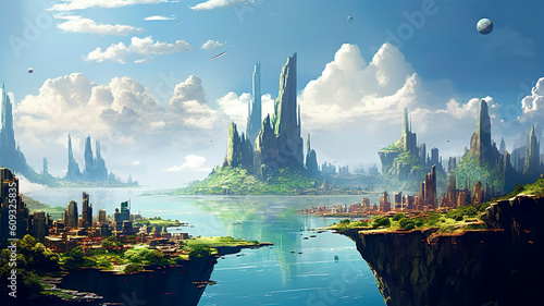 Alien City in the future century, island, ocean, midday, sunlight, park,ai generated
