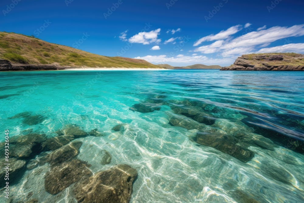 remote island beach with crystal clear water and turquoise waves, created with generative ai