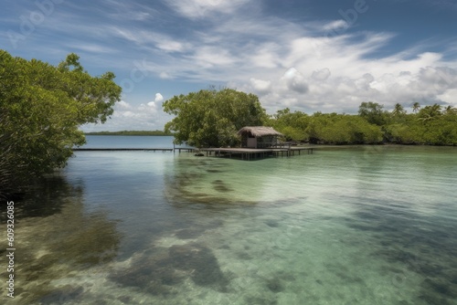 remote island surrounded by a calm and tranquil lagoon  perfect for swimming or snorkeling  created with generative ai