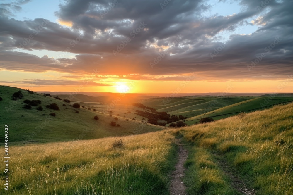 rolling hills with a view of the sunset, with clouds and sky in the background, created with generative ai rolling hills with a view of the sunset, with clouds and sky in the background, created with generative ai