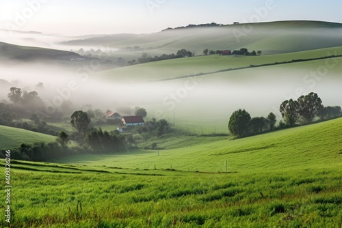 foggy morning in rolling hills, with mist hovering over the fields, created with generative ai