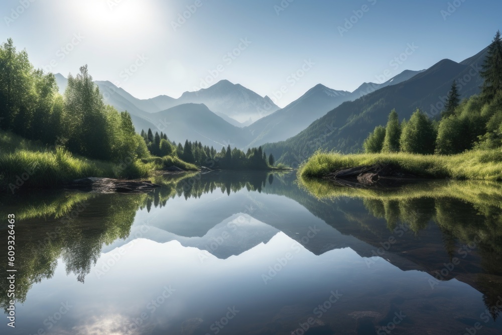serene lake reflection with peaceful mountain scene in the background, created with generative ai