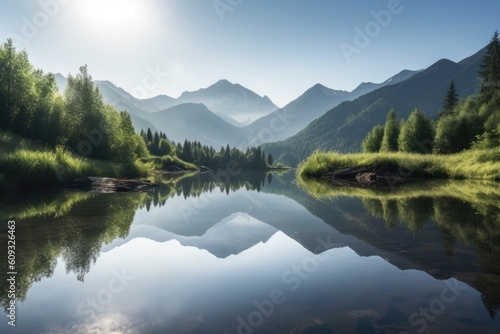 serene lake reflection with peaceful mountain scene in the background, created with generative ai