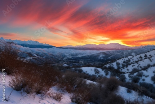 winter sunrise, with vibrant colors and a blanket of snow on the mountains, created with generative ai