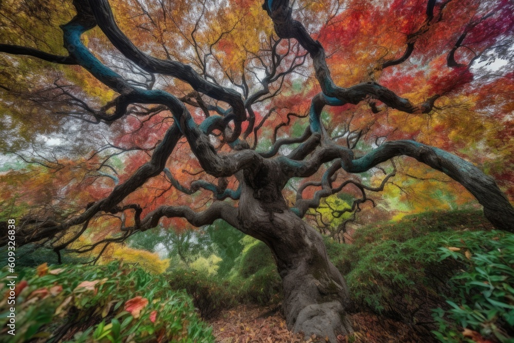majestic tree with twisted branches and colorful foliage in the foreground, created with generative ai majestic tree with twisted branches and colorful foliage in the foreground, created with generative ai
