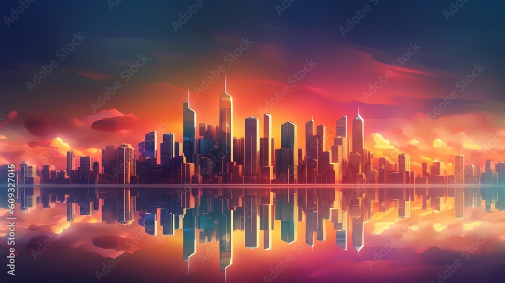 Beautiful skyline of the city by the sea, sunset or sunrise, watercolor