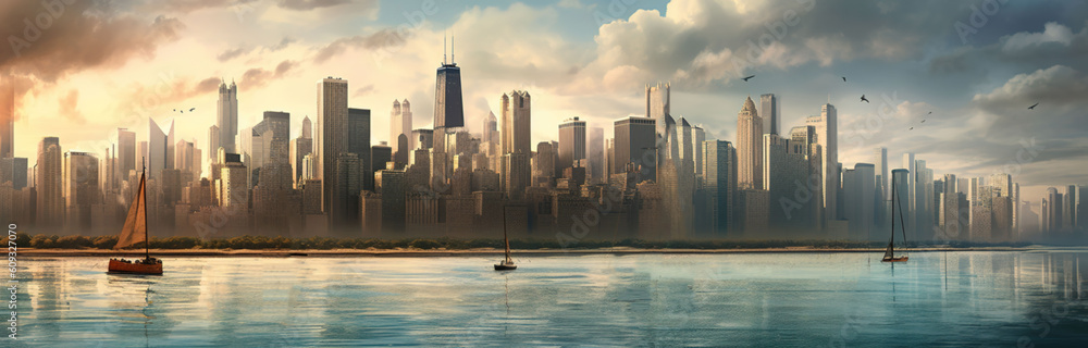 Obraz premium Beautiful skyline of the city by the sea, sunset or sunrise, painting
