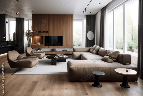 modern living room that features sleek furniture and minimalist decor, created with generative ai © Alfazet Chronicles