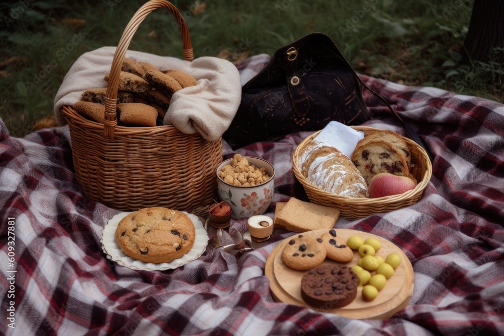 Obraz premium picnic scene with basket, blanket and cookies baked in various shapes and flavors, created with generative ai
