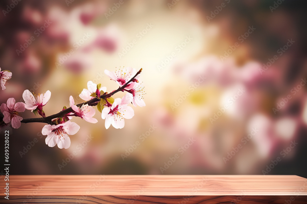 Empty Wooden Tabletop with Spring Cherry Blossom Background for Product Display. created with Generative AI Empty Wooden Tabletop with Spring Cherry Blossom Background for Product Display. created with Generative AI