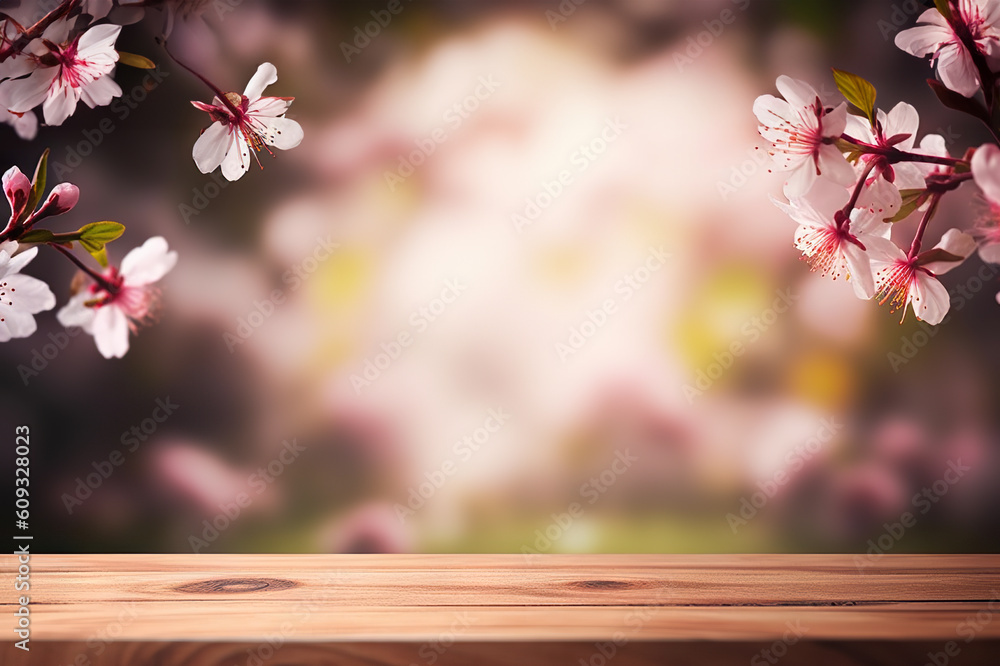 Empty Wooden Tabletop with Spring Cherry Blossom Background for Product Display. created with Generative AI Empty Wooden Tabletop with Spring Cherry Blossom Background for Product Display. created with Generative AI