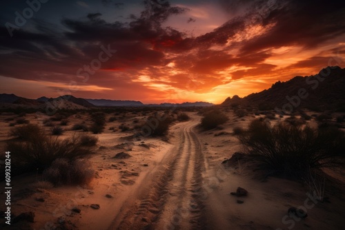 desert sunset with dramatic clouds and red sky  the end of another day  created with generative ai