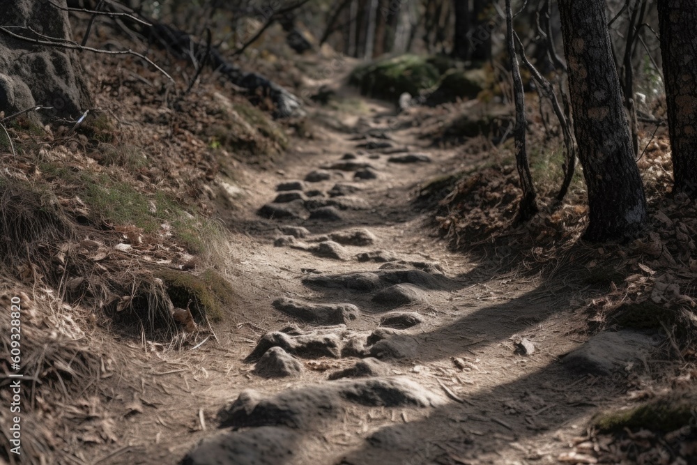 close-up of hiking trail, with individual footsteps visible in the path, created with generative ai