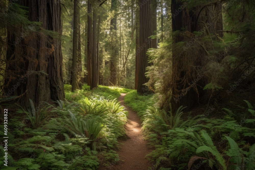hiking trail winds through mixed forest of tall pines and redwoods, created with generative ai hiking trail winds through mixed forest of tall pines and redwoods, created with generative ai