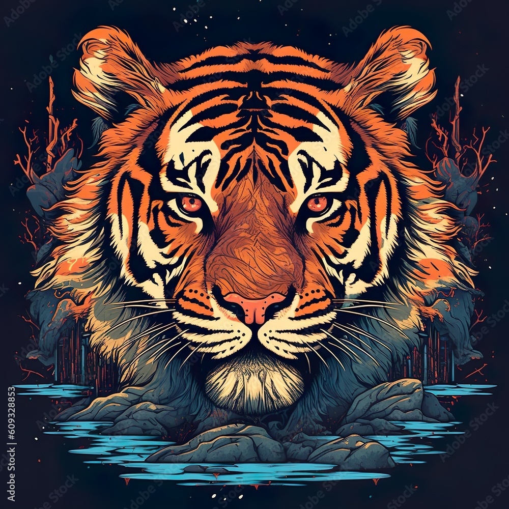 Hand drawn tiger face illustration made with generative Ai technology
