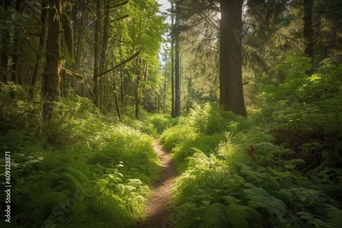 hiking trail through lush, green forest with tall trees, created with generative ai © Alfazet Chronicles
