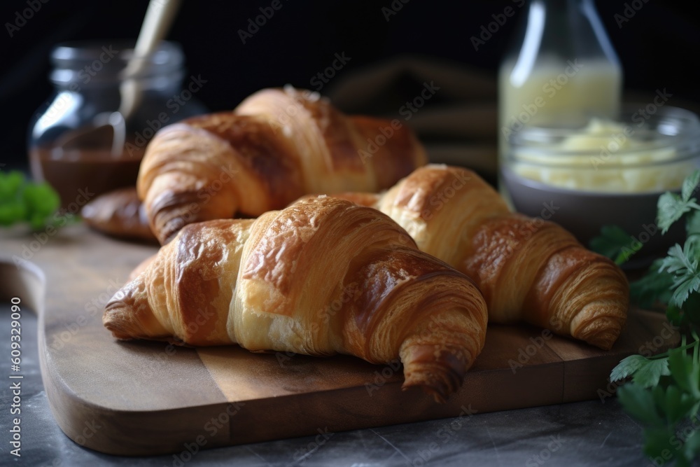 homemade croissants with flaky, buttery layers and sweetened with touch of sugar, created with generative ai