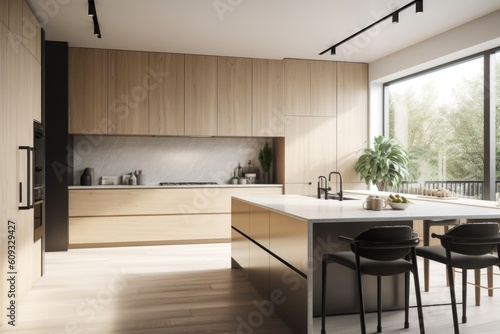 minimalist kitchen with sleek appliances  streamlined utensils  and natural light  created with generative ai