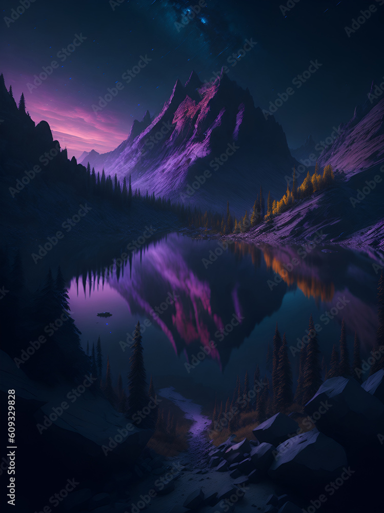 Highland lake in the night. AI generated illustration