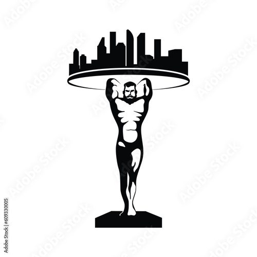 The god Atlas raised a globe. black logo icon design illustration. Atlas lifted the city buildings