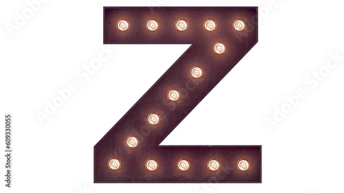 Light bulb glowing letter alphabet character Z font. Front view illuminated capital symbol on black background. 3d rendering illustration