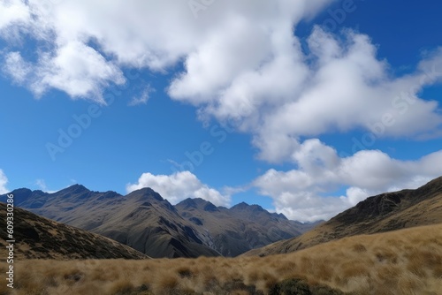 wider view of mountains, with blue sky and fluffy clouds visible in the background, created with generative ai