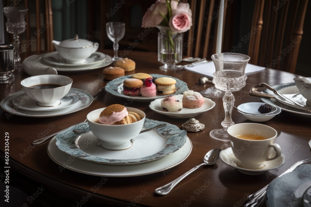 classic table setting for afternoon tea with delicate china and pastries, created with generative ai classic table setting for afternoon tea with delicate china and pastries, created with generative ai