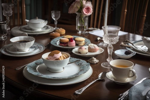 classic table setting for afternoon tea with delicate china and pastries  created with generative ai