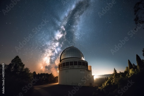 view of observatory at night, with bright stars shining in the sky, created with generative ai