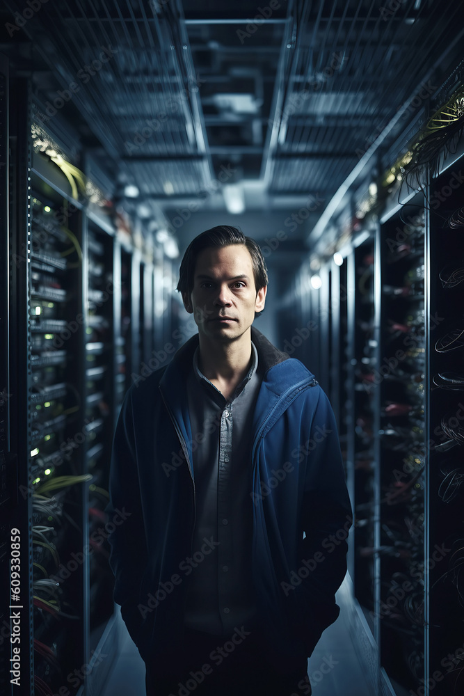 Fototapeta premium portrait of male engineer in data storage center for databases and information technology systems with servers. Generative AI