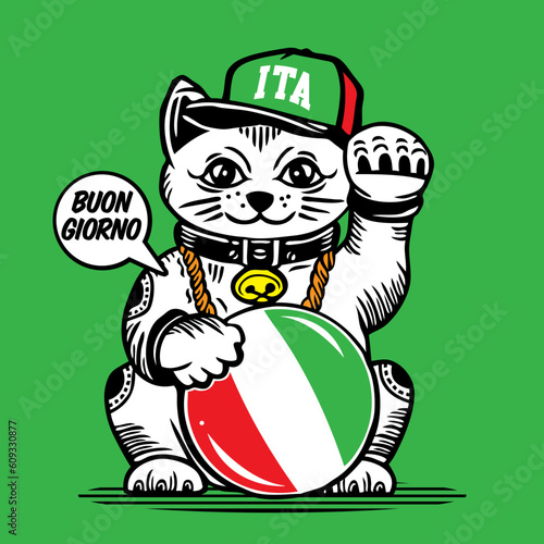 Lucky Cat Vector Illustration Italy Italian Flag 