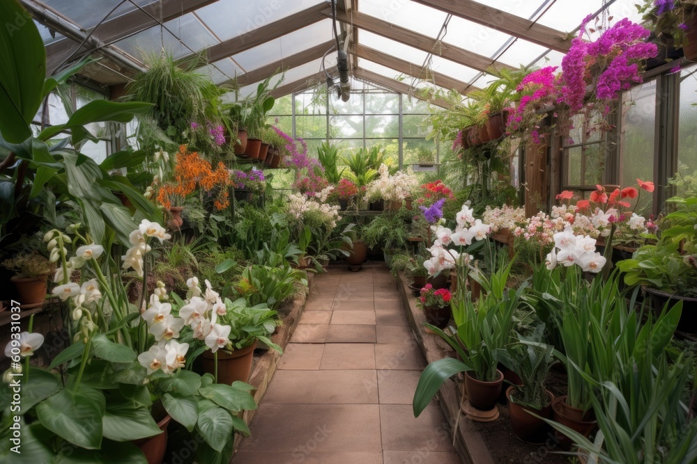 greenhouse filled with exotic orchids and other tropical plants, created with generative ai