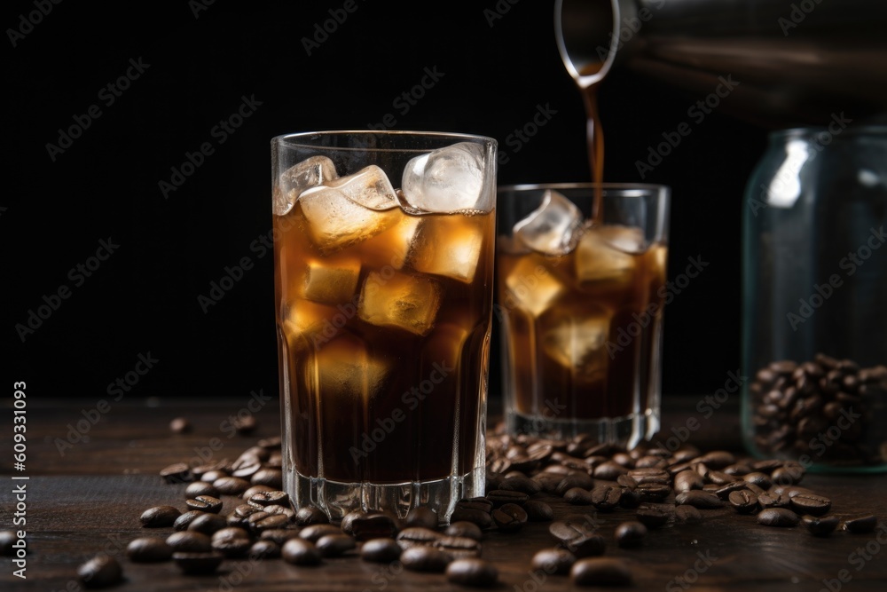 ice cubes clinking together in tall glass of iced coffee, created with generative ai ice cubes clinking together in tall glass of iced coffee, created with generative ai