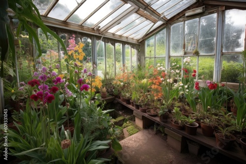 greenhouse  with view of blooming orchids and other tropical flowers  created with generative ai