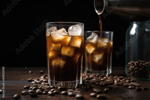 ice cubes clinking together in tall glass of iced coffee, created with generative ai