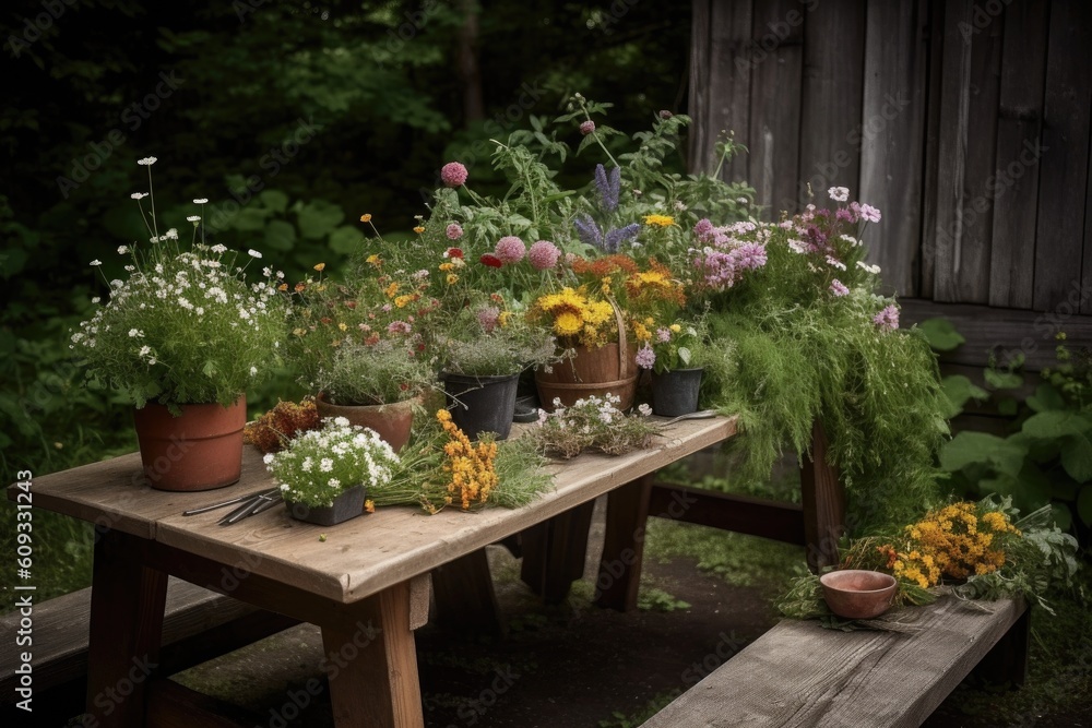 a rustic table with a centerpiece of wildflowers and herbs, created with generative ai