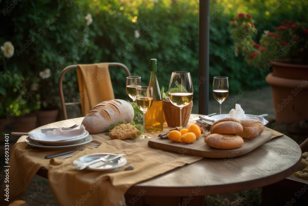 tuscan outdoor table setting with bread, wine, and cheese, created with generative ai tuscan outdoor table setting with bread, wine, and cheese, created with generative ai