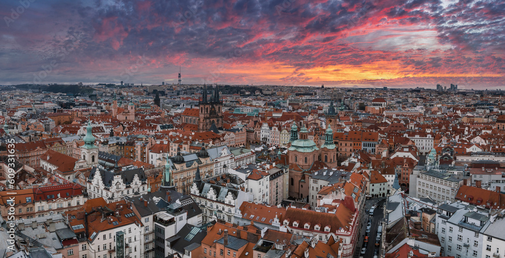 Panoramic aerial view of old Town square in Prague on a beautiful summer day, Czech Republic. Church of our Lady before Tyn and Prague Astronomical Clock Tower
