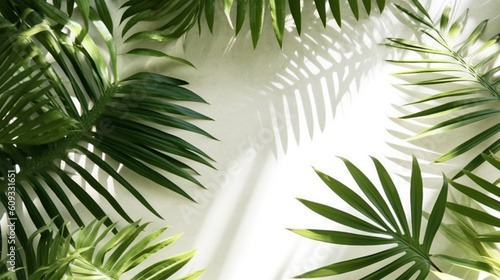 Palm leaf shadow overlay effect. background with tropical leaves shadows. White background  flat lay  top view. 3d render generative ai.