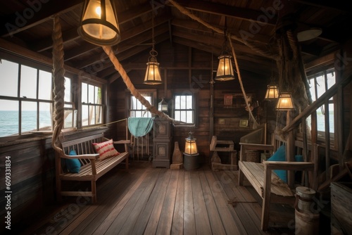 sea captain's cabin, with lanterns and rocking chairs for visitors to enjoy, created with generative ai